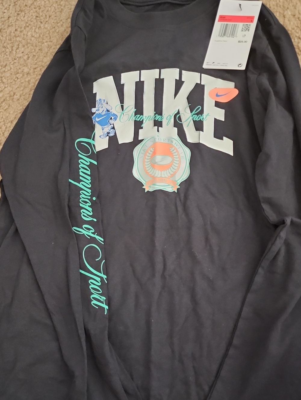 Nike Kids Black Crewneck Sweatshirt with Mint and Coral Accents